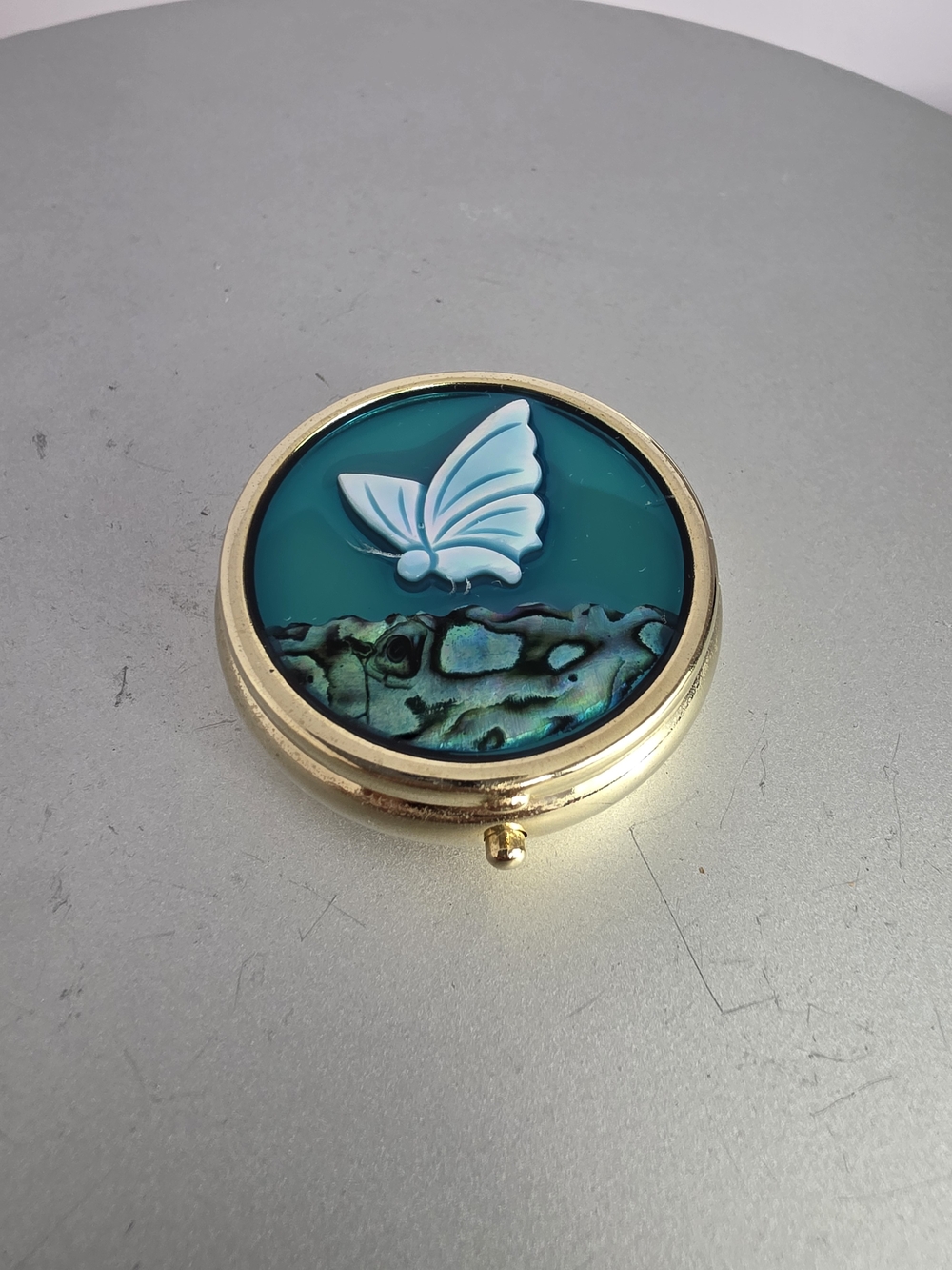 Round Gold-Tone Compact Mirror 3 Compartment Butterfly Pill/Trinket Case